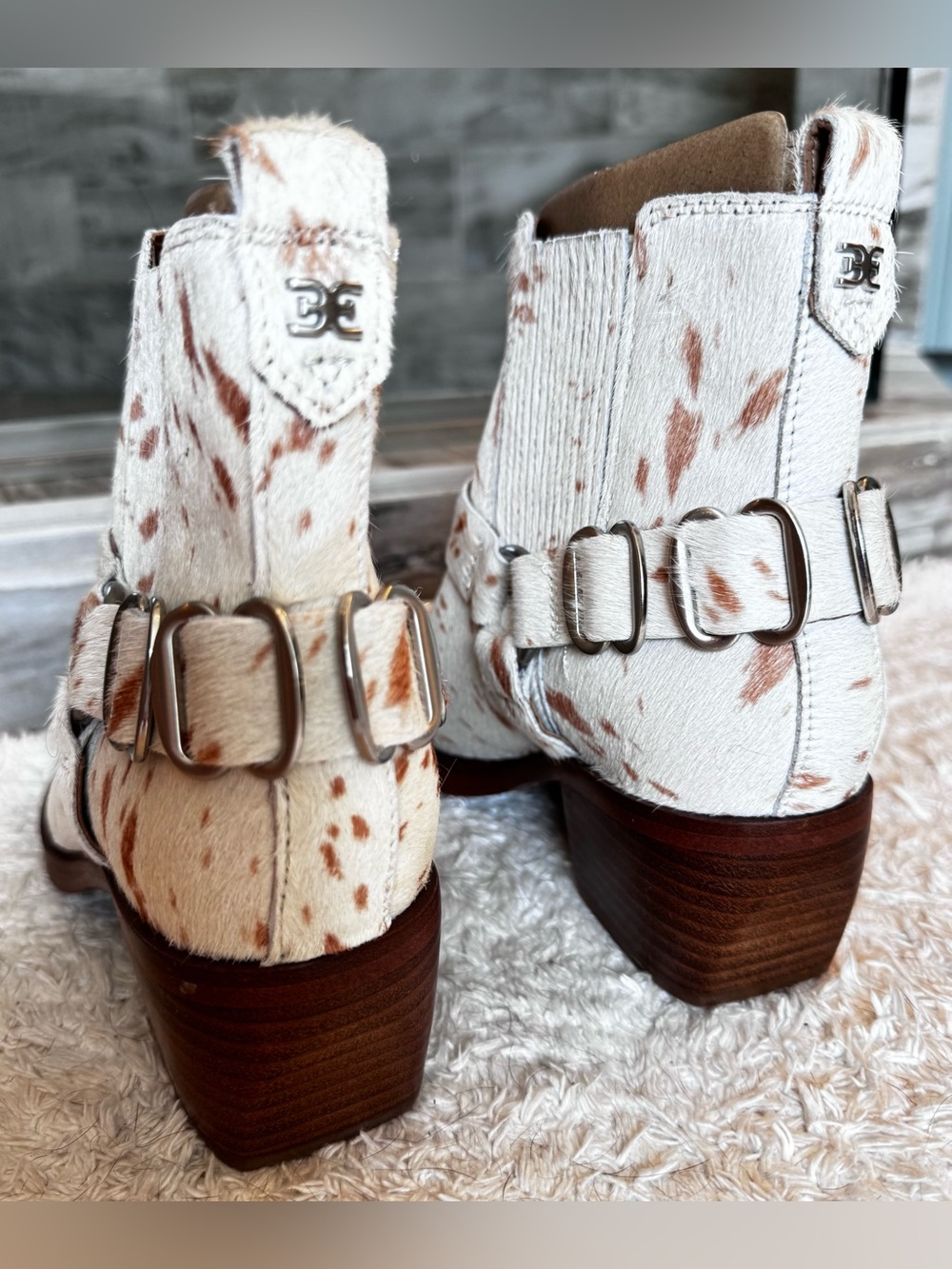 Sam Edelman Cream and Brown Spotted Ankle Booties with Buckle - Picture 3 of 4
